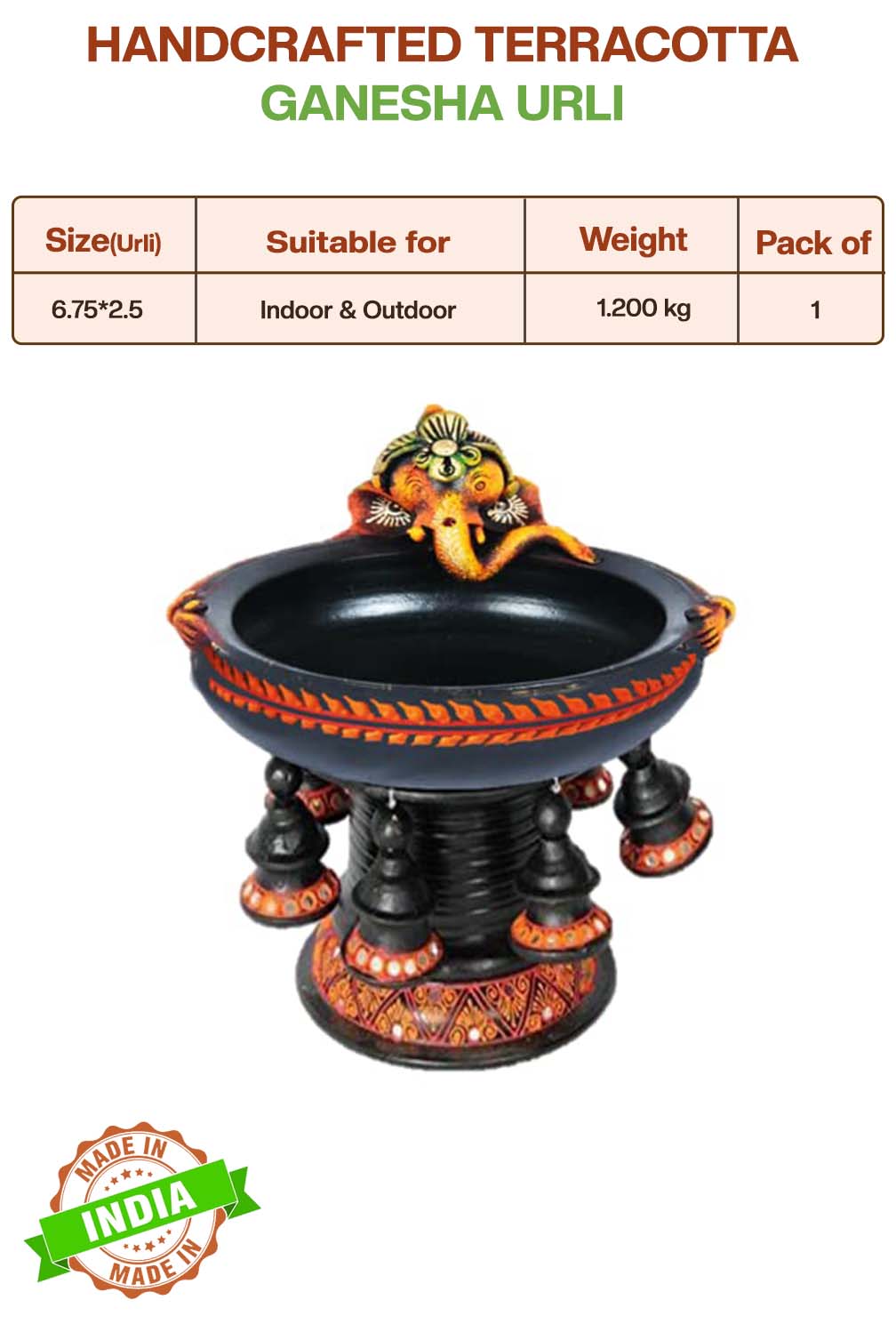 Handmade Terracotta Black Ganesha Decorative Urli Flower Pot with Stand
