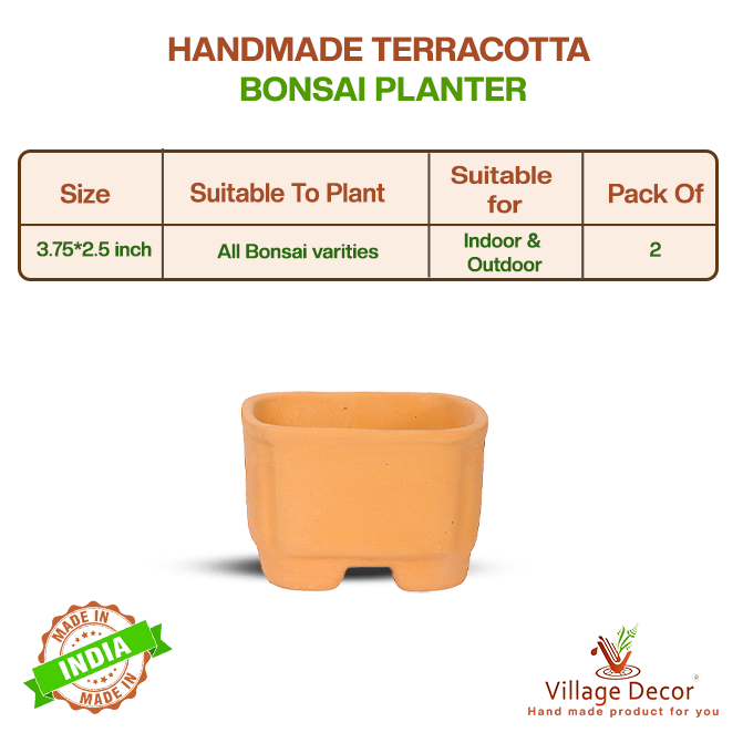 Terracotta Square Shape Bonsai Pot Pack of 2- (Width 3.7 inch)
