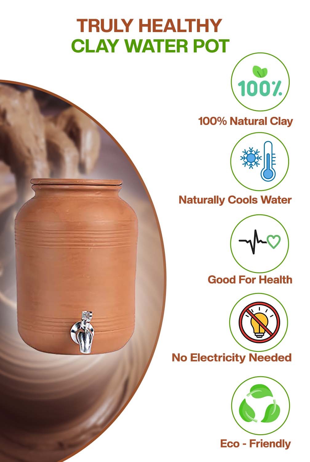 Village Decor Earthen Clay water pot with Lid & tap (Pre-seasoned) - 6000 ml
