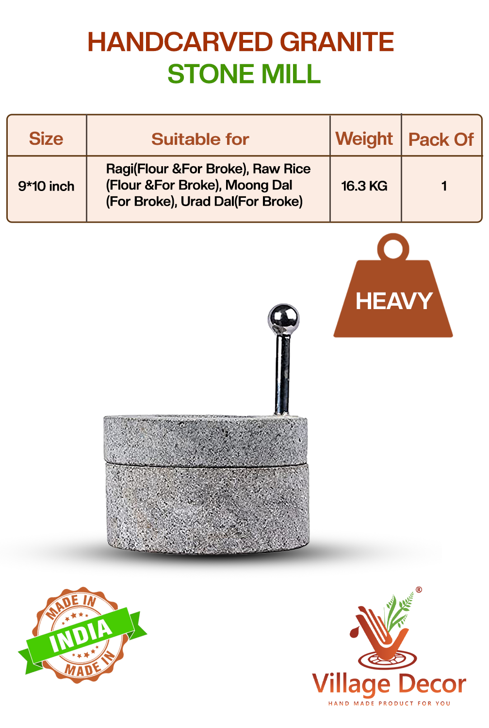 Handcarved Atta chakki or Stone Mill with size, weight, and usage details – suitable for Grinding urad dal, Moong dal etc.,