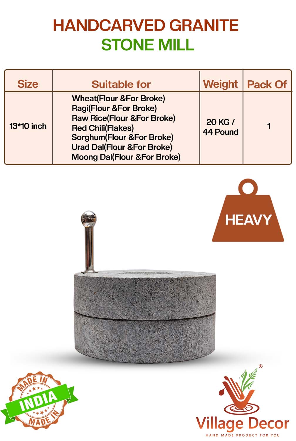 Handcarved Atta chakki or Stone Mill with size, weight, and usage details – suitable for Grinding urad dal, Moong dal etc.,
