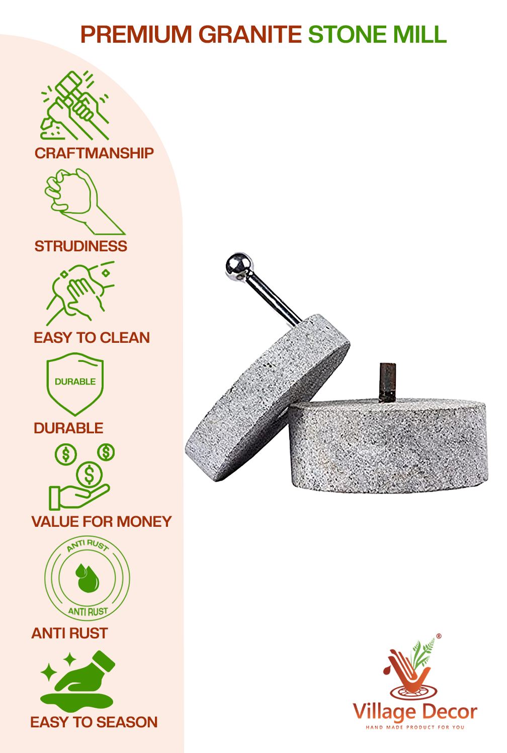 Handcrafted Atta Chakki showing unique strength, durability, easy maintenance, and traditional build.