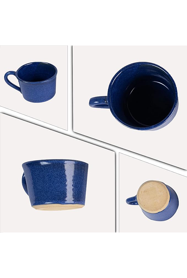 Multiple angles of a blue ceramic mug showing top, front, side, tilted, and bottom views to highlight design, shape, and finish.