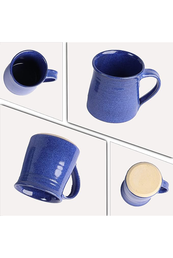 Multiple angles of a blue ceramic mug showing top, front, side, tilted, and bottom views to highlight design, shape, and finish.