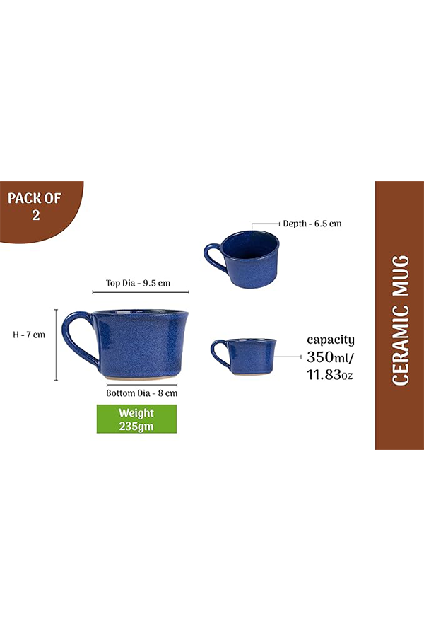 Ceramic mug dimension view with labeled measurements including height, top and bottom diameter, weight, depth, and capacity details.