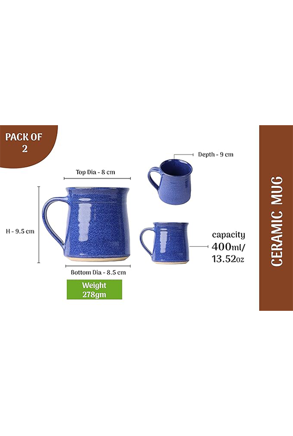 Ceramic mug dimension view with labeled measurements including height, top and bottom diameter, weight, depth, and capacity details.