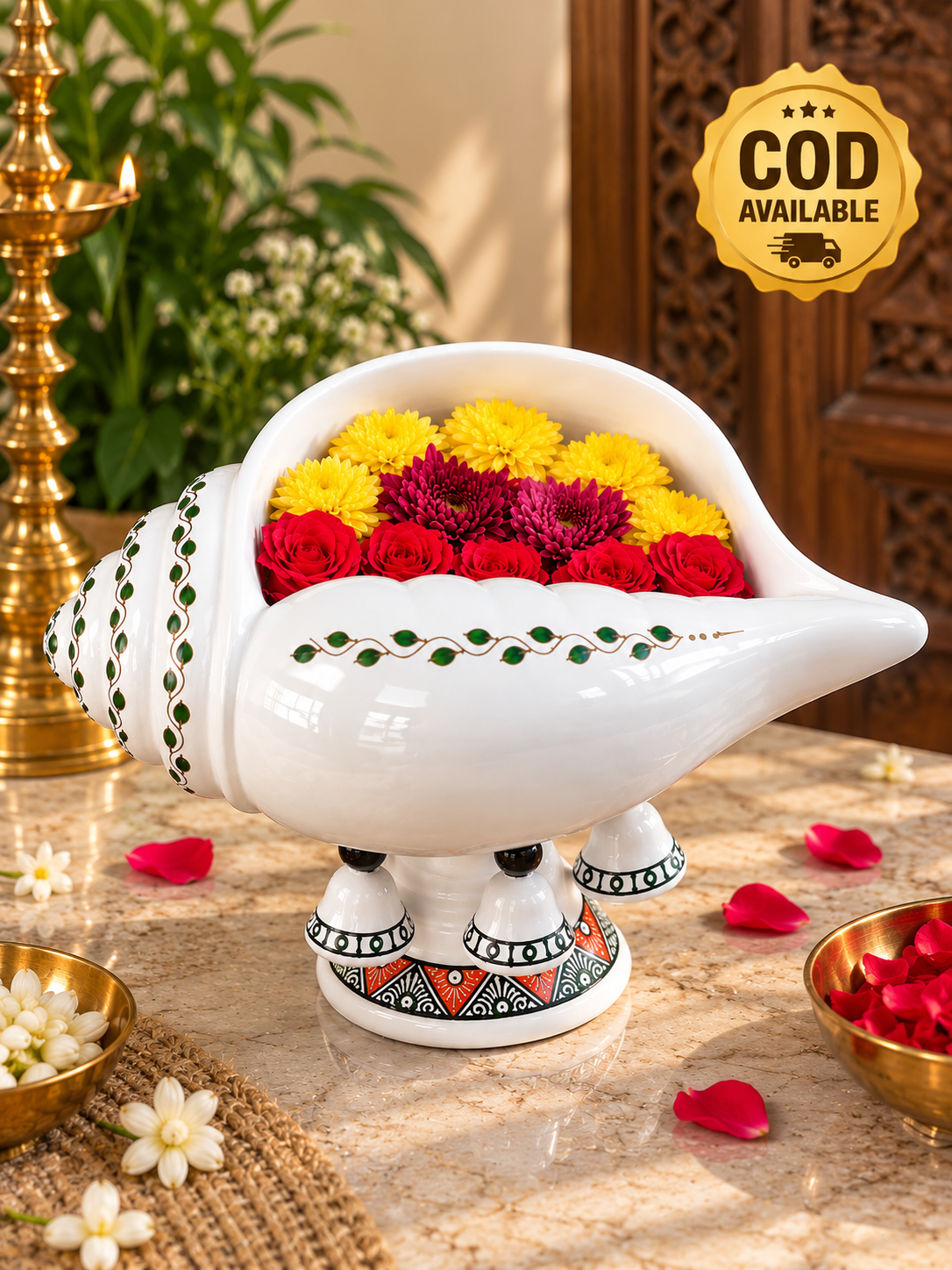Terracotta Decorative Flower design Sangu urli with Stand | Showpiece Vastu Benefit - (Breadth-13 Inch)