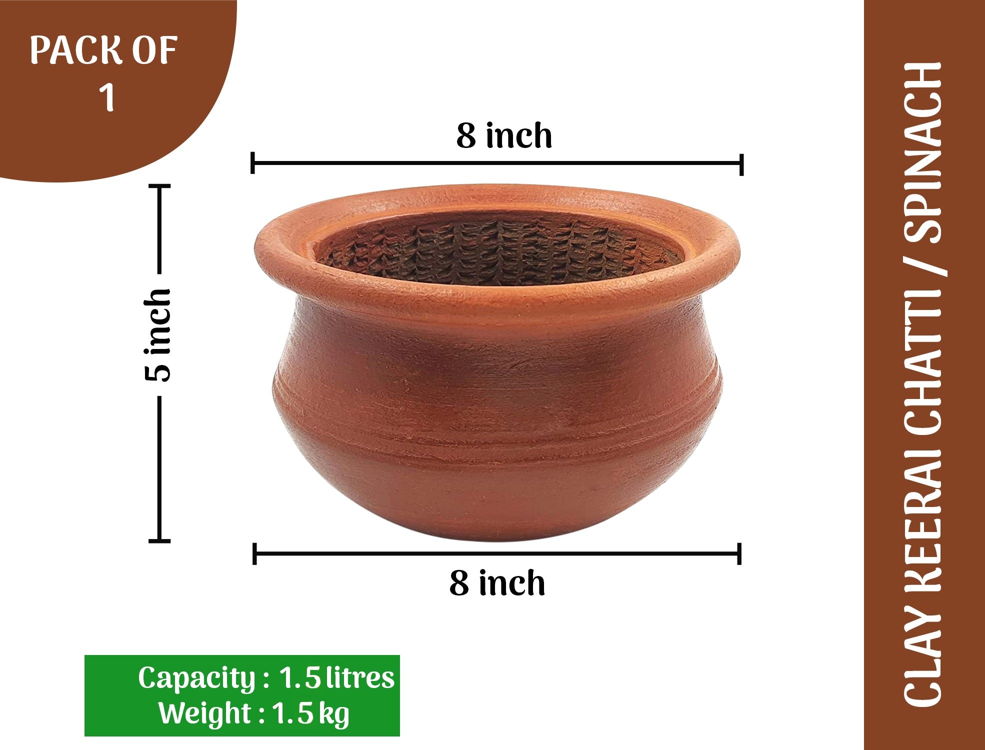 Keerai chatti clay pot displaying detailed dimensions including height, width, and diameter for accurate size reference.