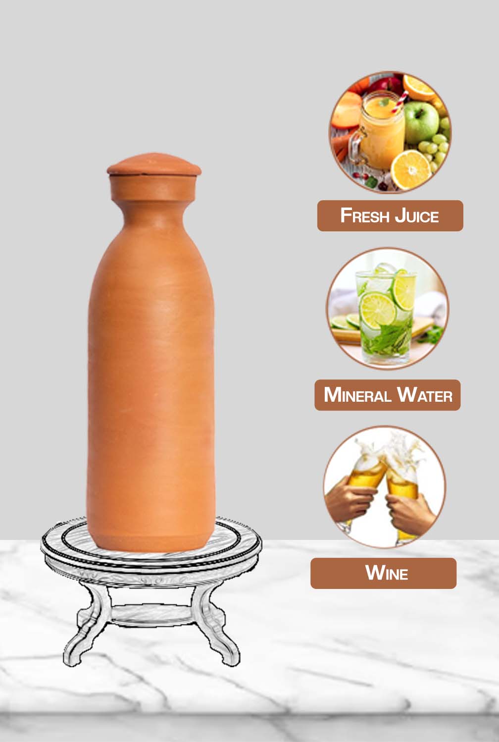 Clay water bottle placed on a stand, suitable for storing fresh juice, mineral water, or wine in an eco-friendly way.
