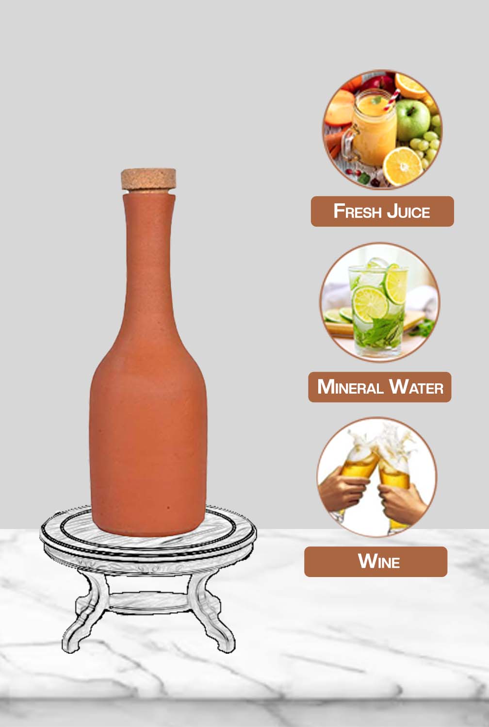 Clay water bottle placed on a stand, suitable for storing fresh juice, mineral water, or wine in an eco-friendly way.