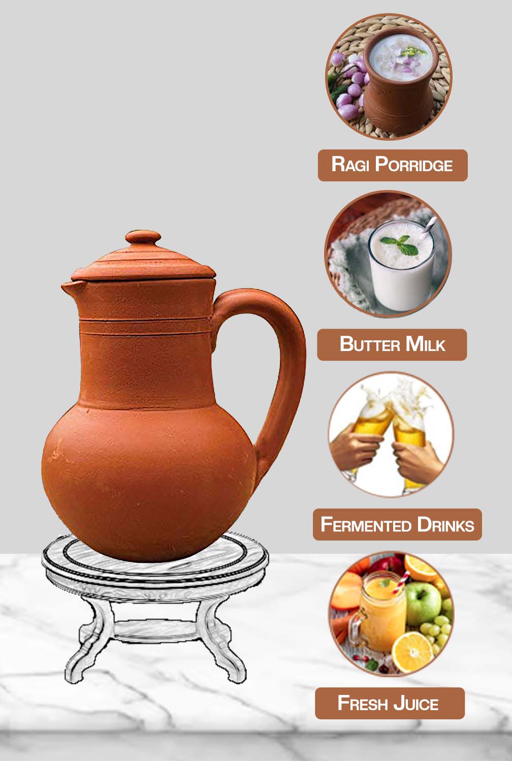 Clay water Jug placed on a stand, suitable for storing fresh juice, mineral water, or wine in an eco-friendly way.