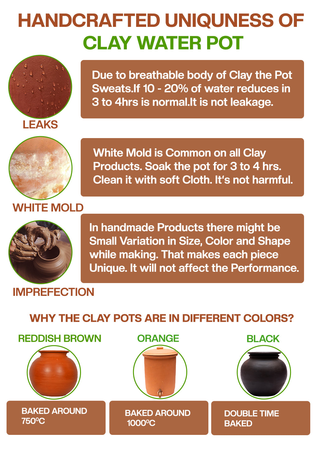 Visual guide explaining leaks, mold, imperfections, and color differences in handcrafted clay water Pot and drinkware.