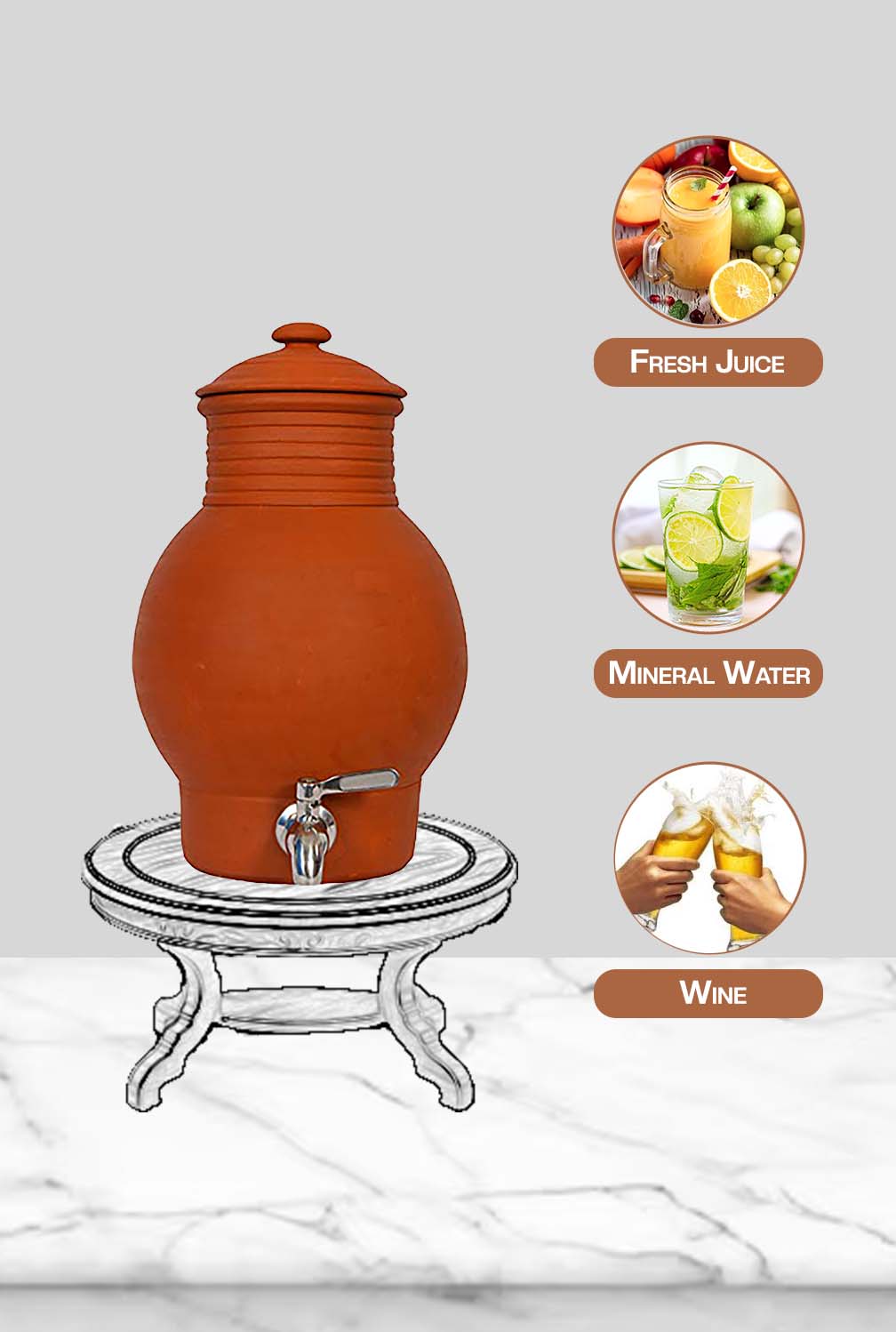 Clay water Pot placed on a stand, suitable for storing fresh juice, mineral water, or wine in an eco-friendly way.