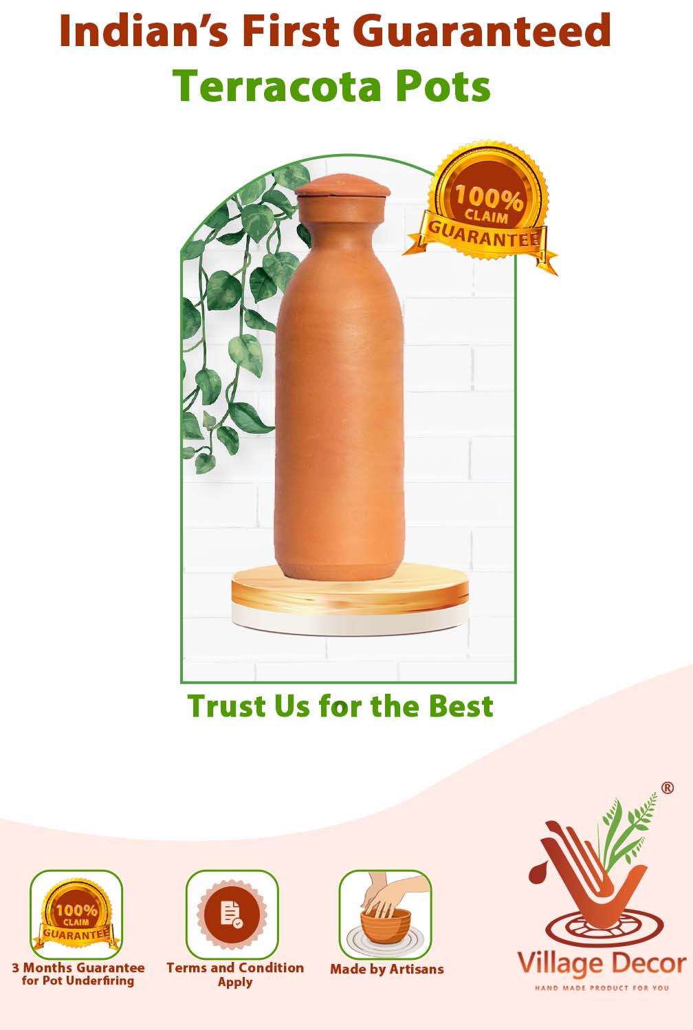 Terracotta clay water bottle with Lid, displayed with 100% guarantee label and minimal background.