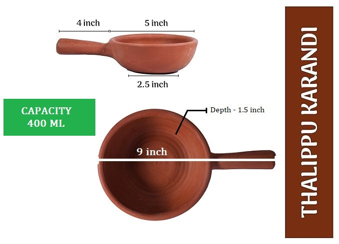 Dimension view of handmade clay tadka pan labeled Thalippu Karandi – 400ml capacity with 9-inch top diameter, 1.5-inch depth, and handle measurements