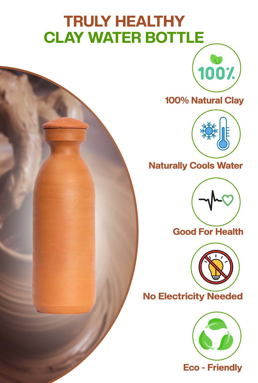 Clay water bottle made from natural clay, cools water naturally, eco-friendly, good for health, no electricity needed.