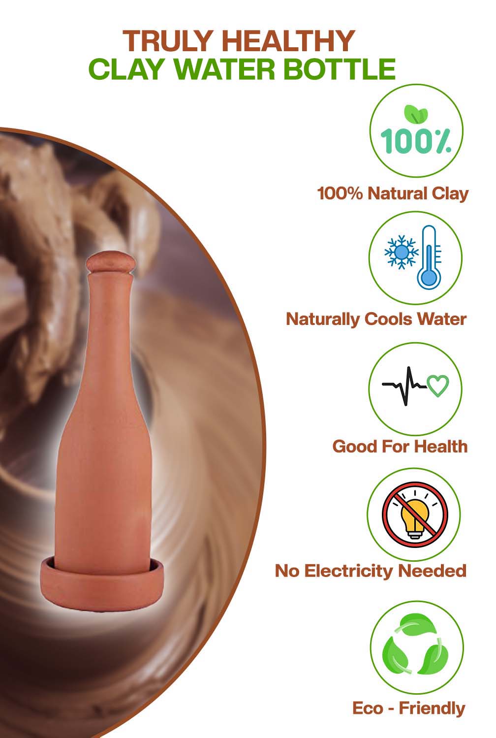 Clay water bottle made from natural clay, cools water naturally, eco-friendly, good for health, no electricity needed.