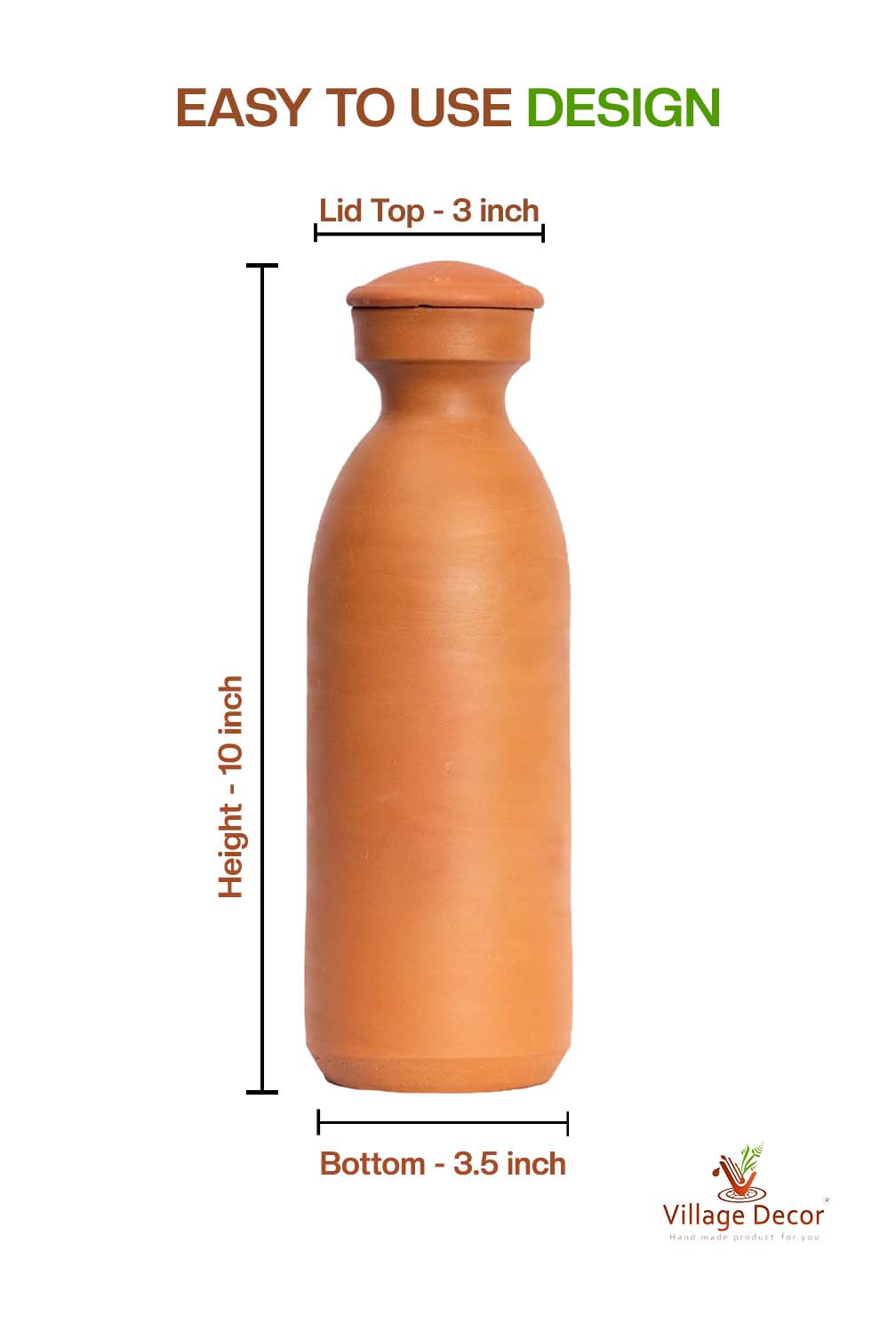 Detailed dimensions of Clay Water Bottle showing bottle and lid measurements.