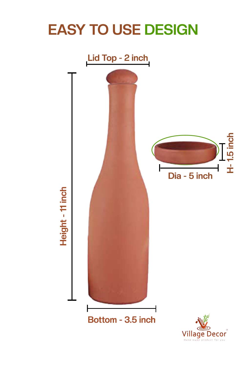 Detailed dimensions of Clay Water Bottle showing bottle and lid measurements.