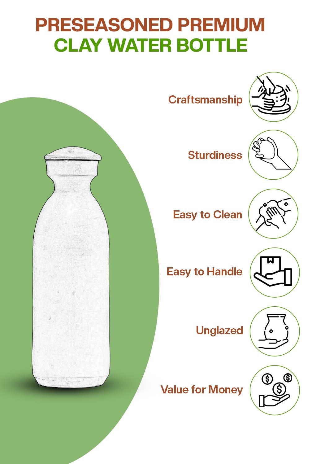 Preseasoned clay water bottle highlighting craftsmanship, sturdiness, easy cleaning, unglazed design, and value for money.