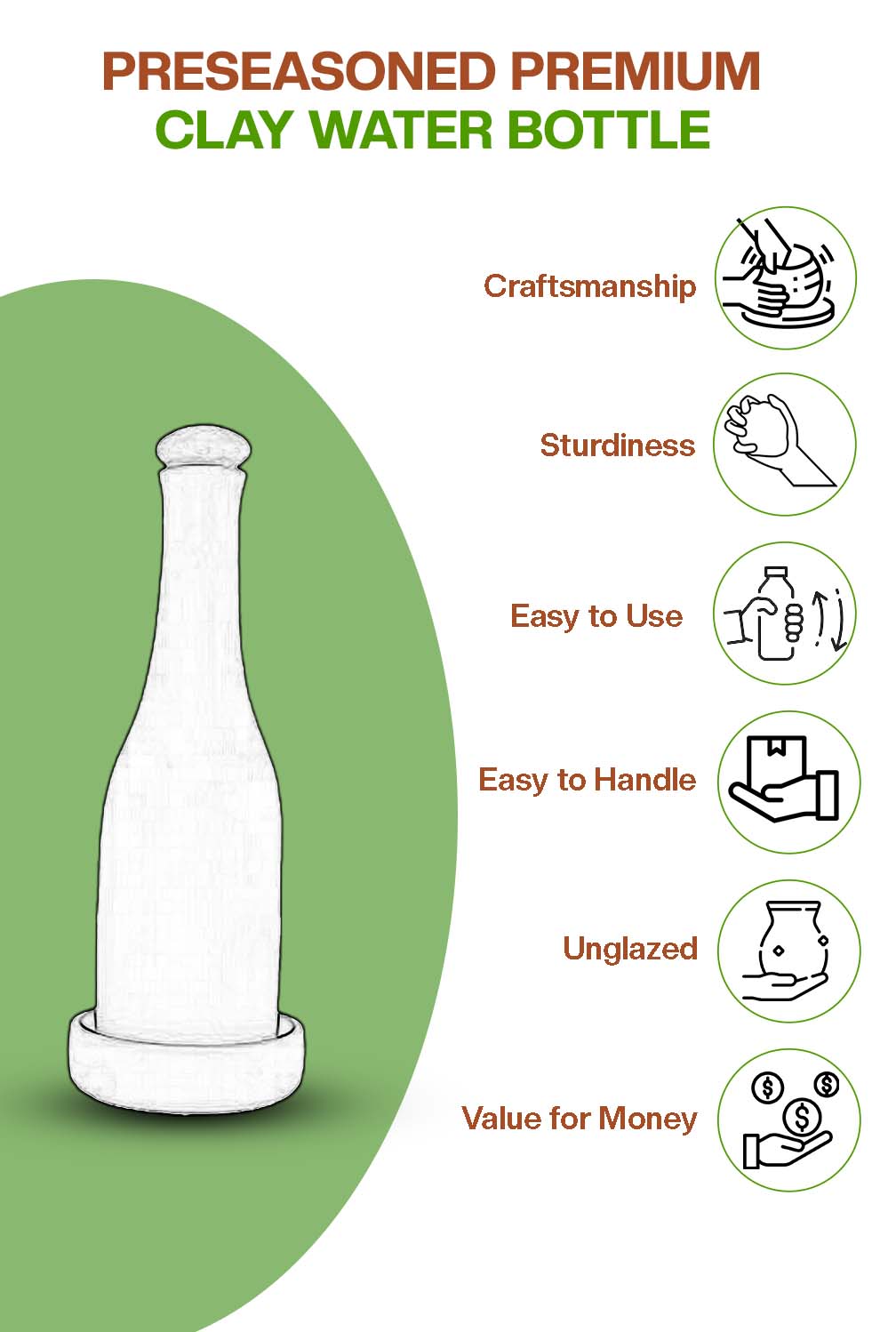 Preseasoned clay water bottle highlighting craftsmanship, sturdiness, easy cleaning, unglazed design, and value for money.