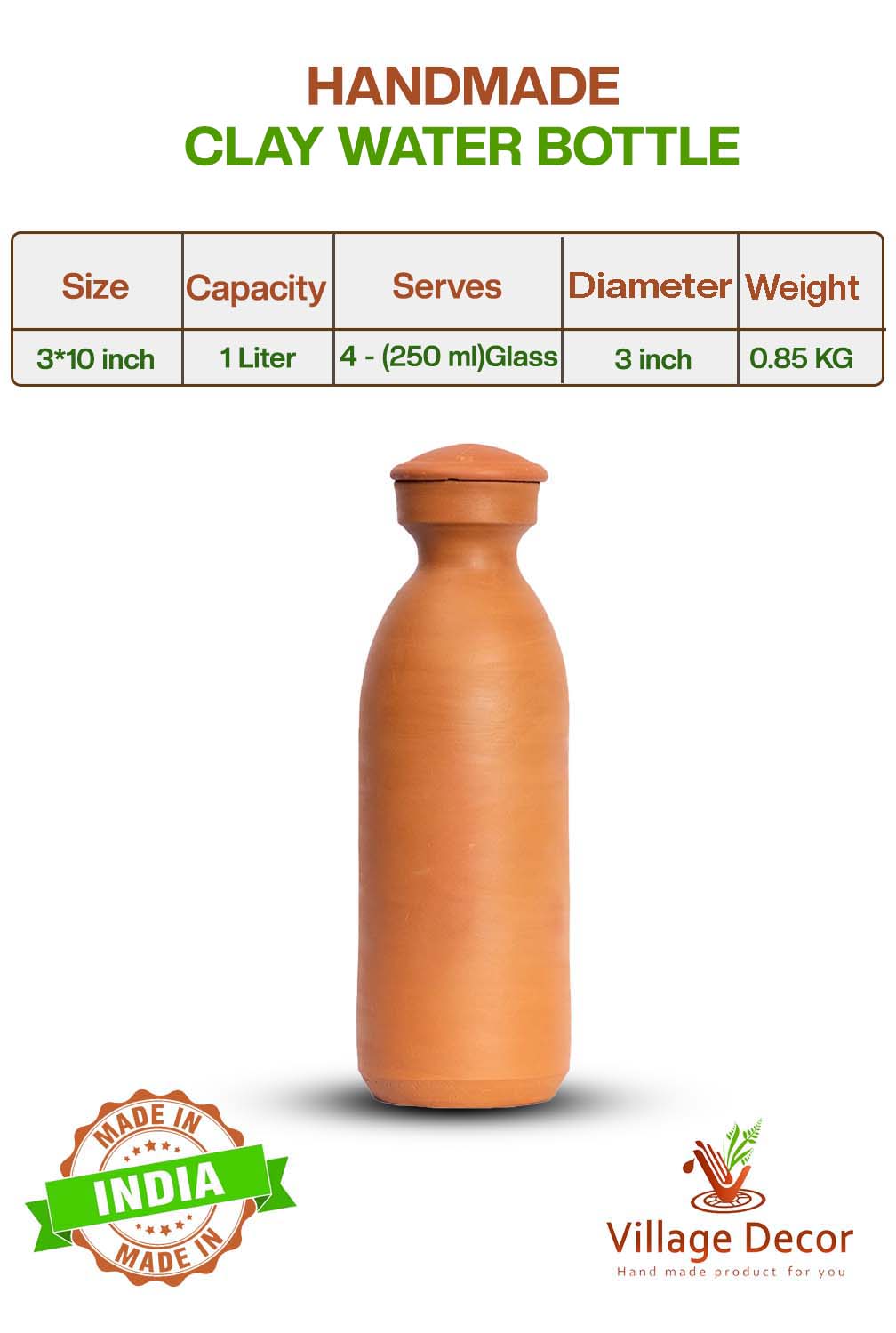 Eco-friendly 1-liter clay water bottle with lid, showing product dimensions, weight, and serving size.