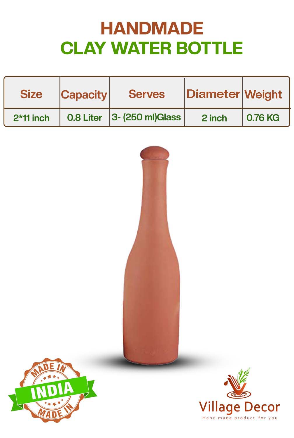 Eco-friendly 800 Ml clay water bottle with lid, showing product dimensions, weight, and serving size.