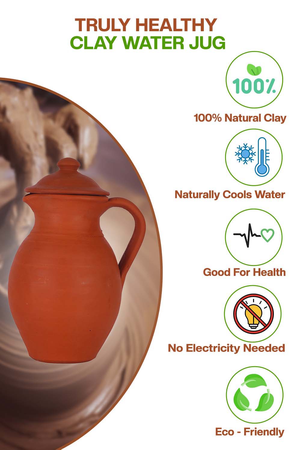 Clay water Jug made from natural clay, cools water naturally, eco-friendly, good for health, no electricity needed.