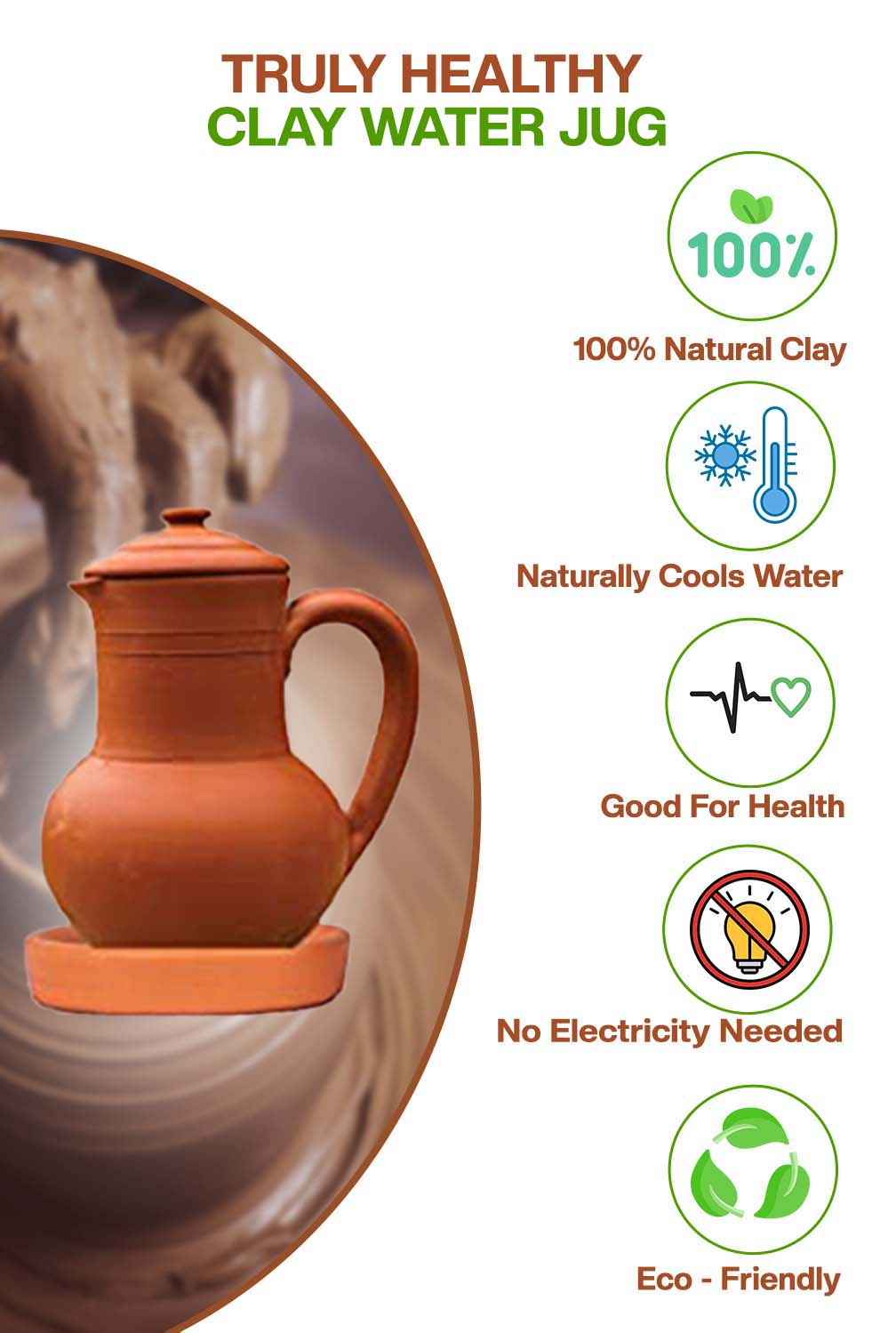 Clay water Jug made from natural clay, cools water naturally, eco-friendly, good for health, no electricity needed.