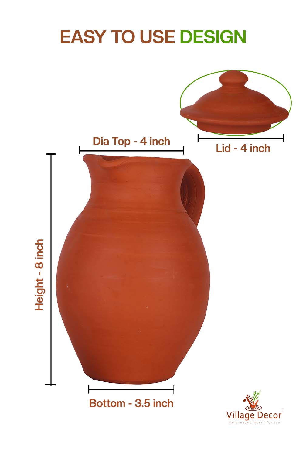 Detailed dimensions of Clay Water Jug showing Pot and Lid measurements.