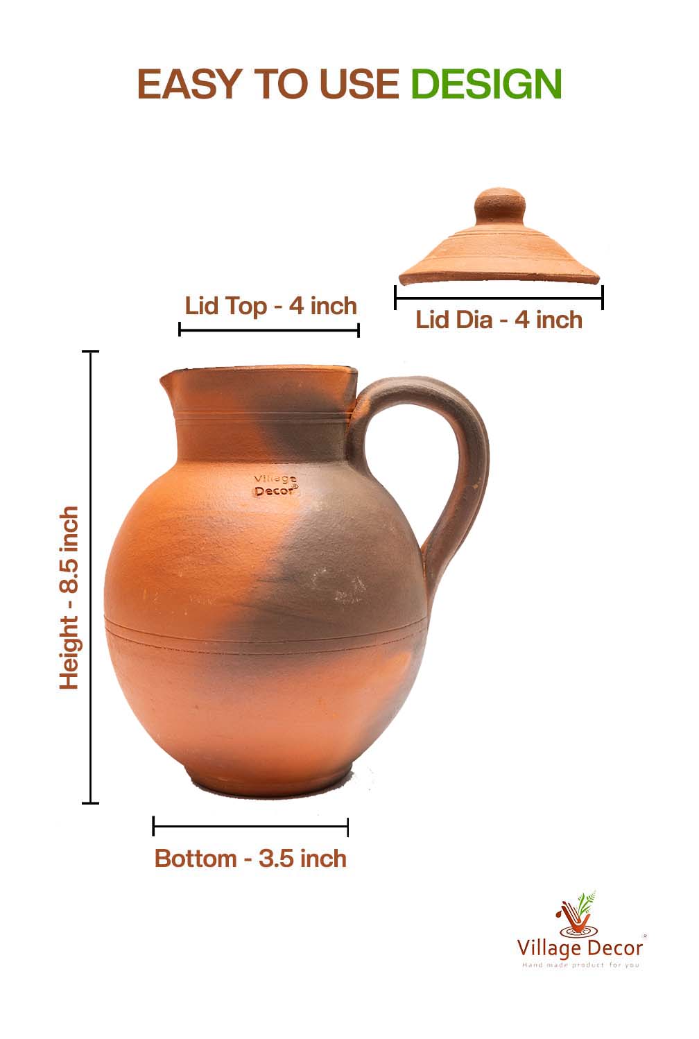 Detailed dimensions of Clay Water Jug  showing Pot and Lid measurements.