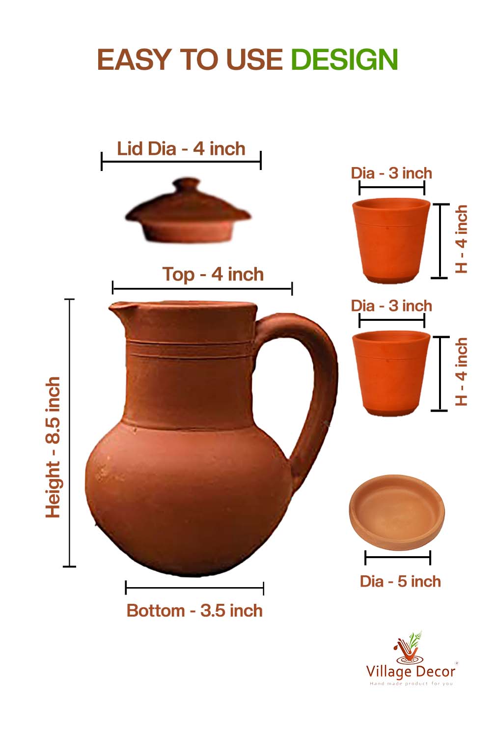 Detailed dimensions of Clay Water Jug  showing Pot, Lid & Glass measurements.