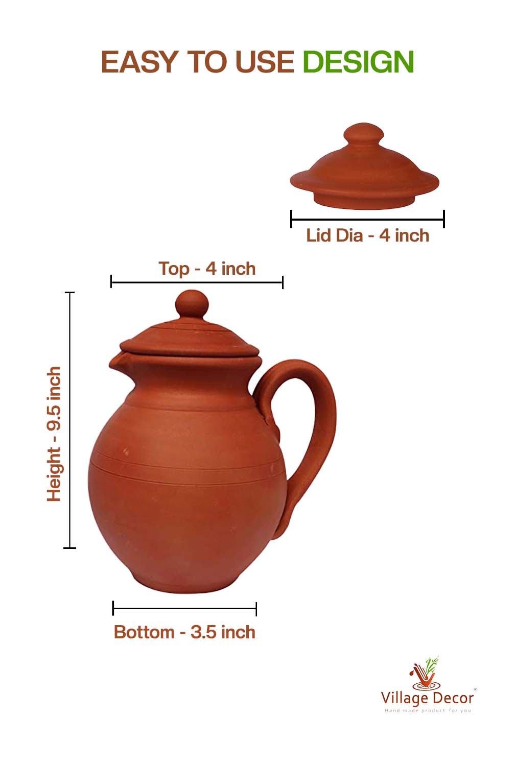 Detailed dimensions of Clay Water Jug  showing Pot and Lid measurements.