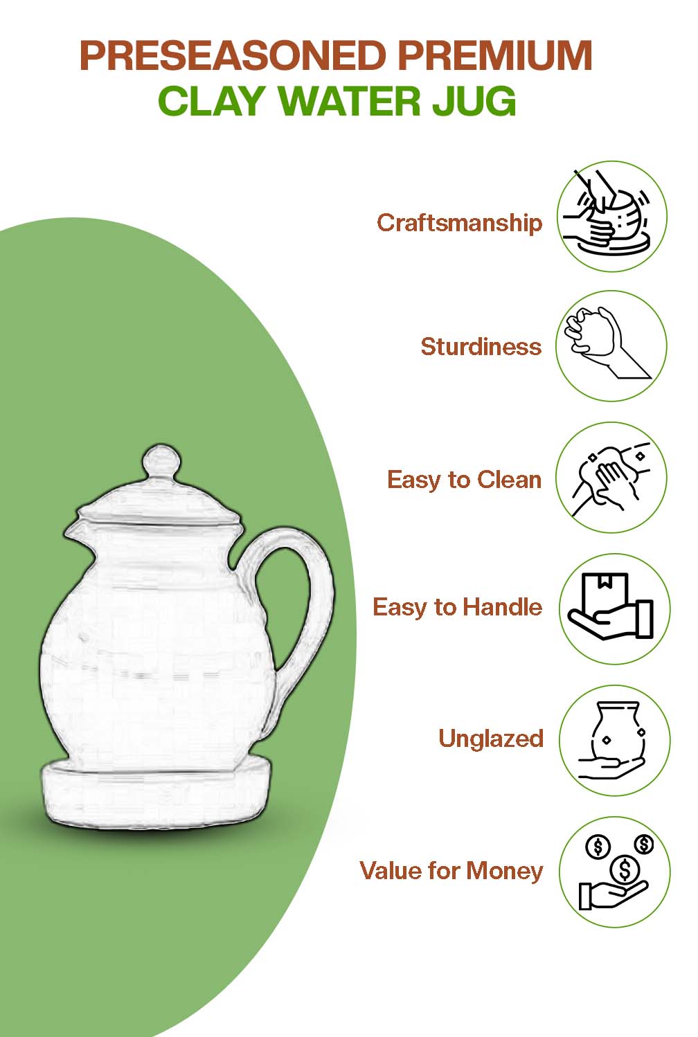 Preseasoned clay water Jug highlighting craftsmanship, sturdiness, easy cleaning, unglazed design, and value for money.
