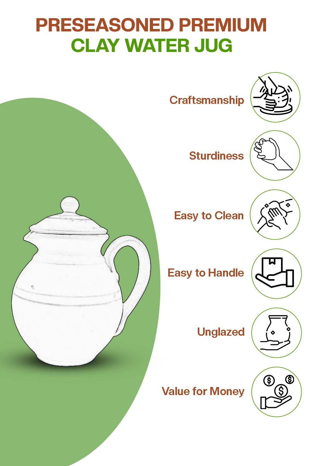 Preseasoned clay water Jug highlighting craftsmanship, sturdiness, easy cleaning, unglazed design, and value for money.