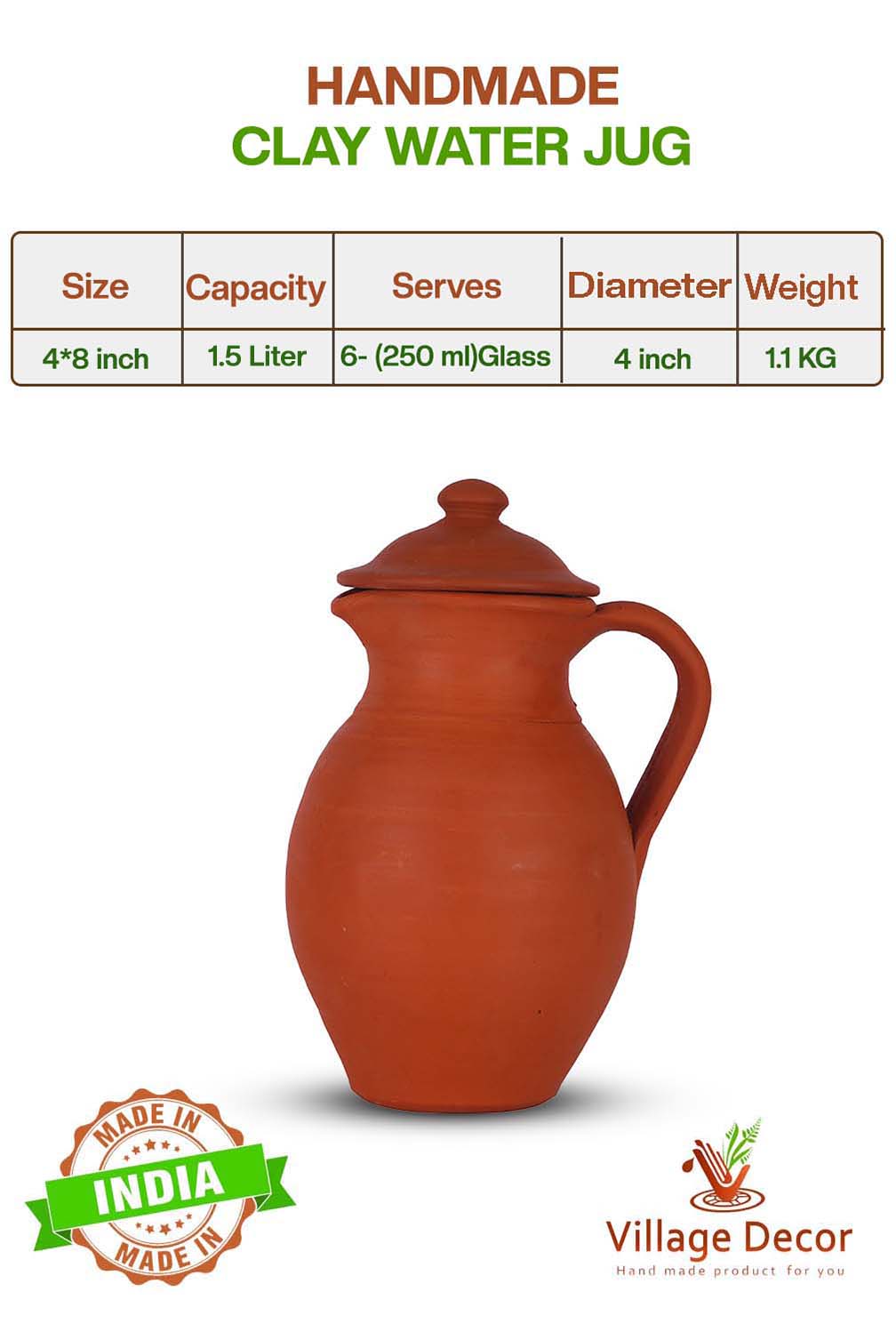 Eco-friendly 1.5-liter clay water Jug with lid, showing product dimensions, weight, and serving size.