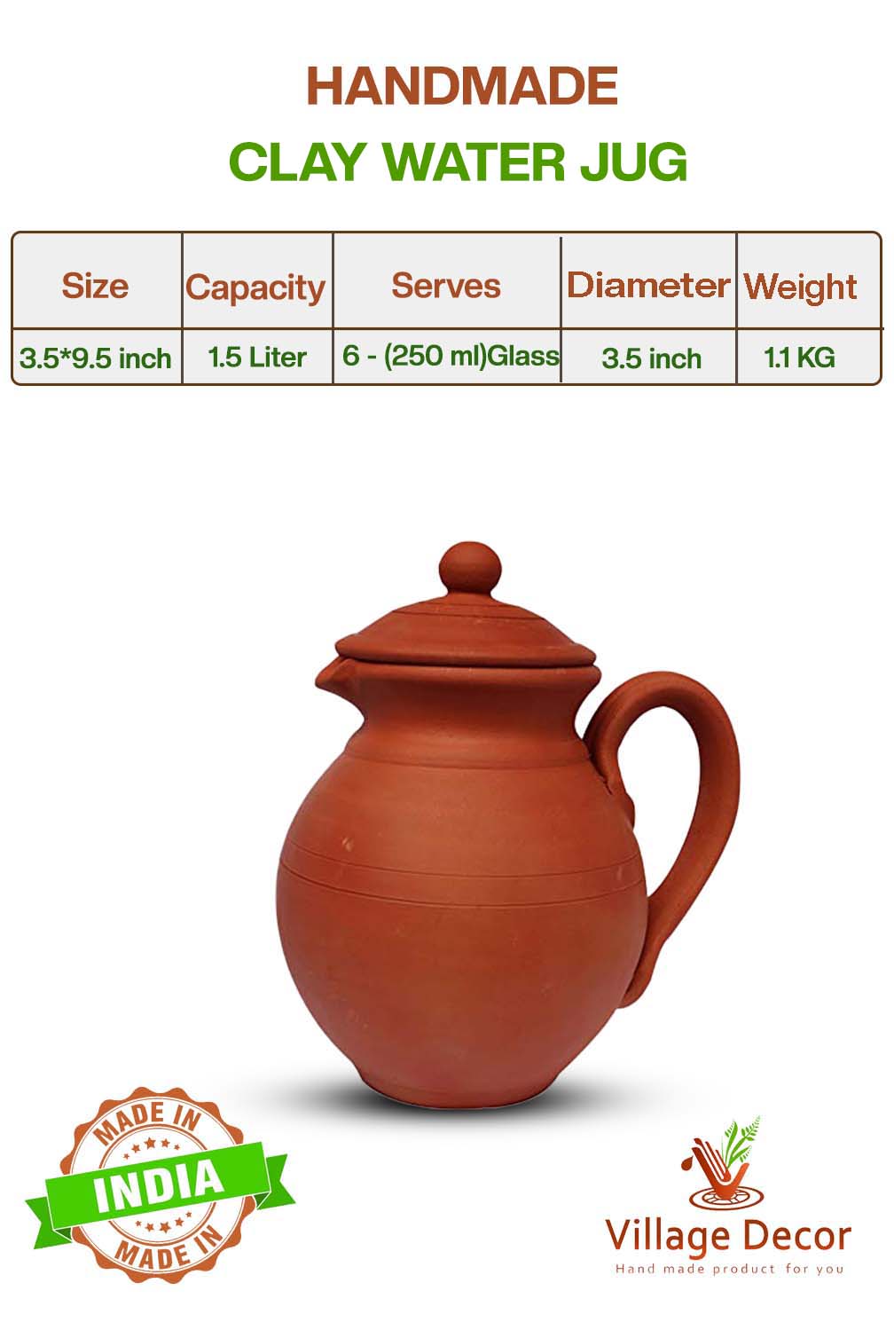 Eco-friendly 1.5-liter clay water Jug with lid, showing product dimensions, weight, and serving size.