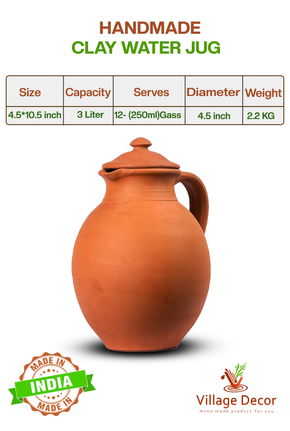 Eco-friendly 3-liter clay water Jug with lid, showing product dimensions, weight, and serving size.