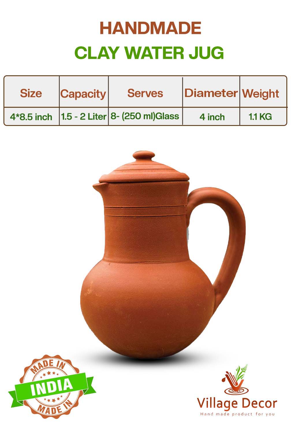 Eco-friendly 1.5-liter clay water Jug with lid, showing product dimensions, weight, and serving size.