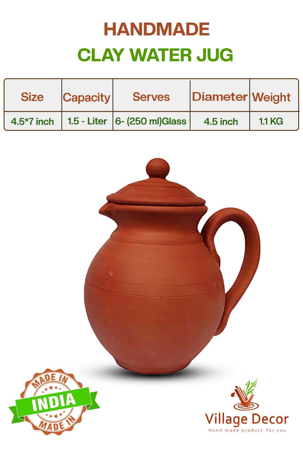 Eco-friendly 1.5-liter clay water Jug with lid, showing product dimensions, weight, and serving size.