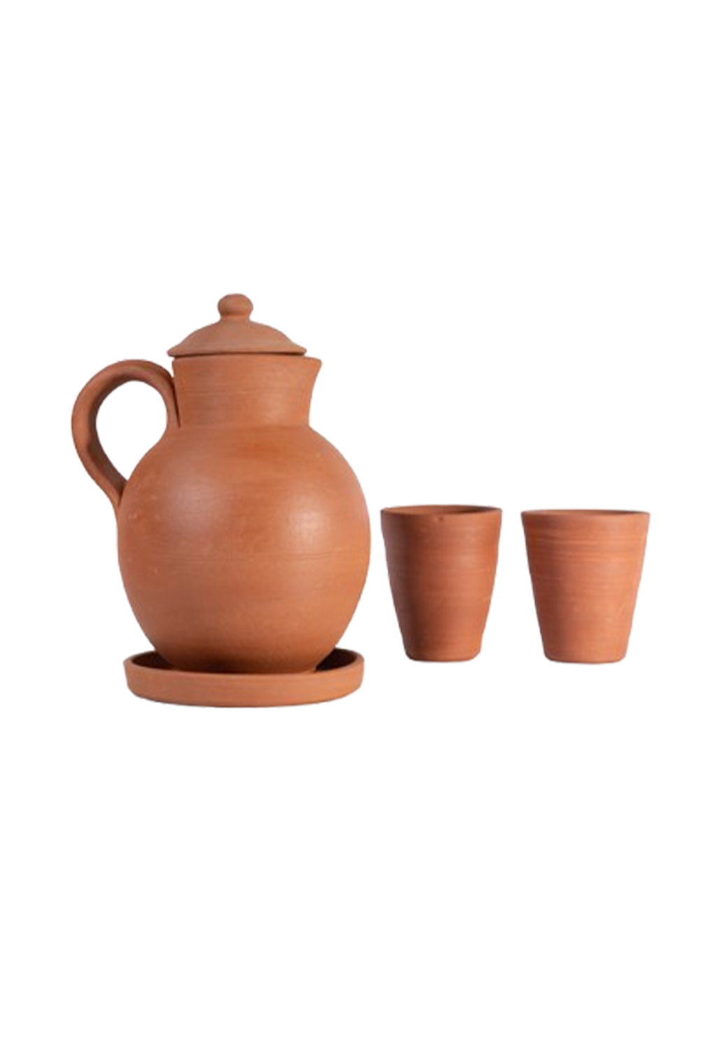 Clay water Jug with lid & 2 Glass in matka style, handcrafted by Village Decor on white background.