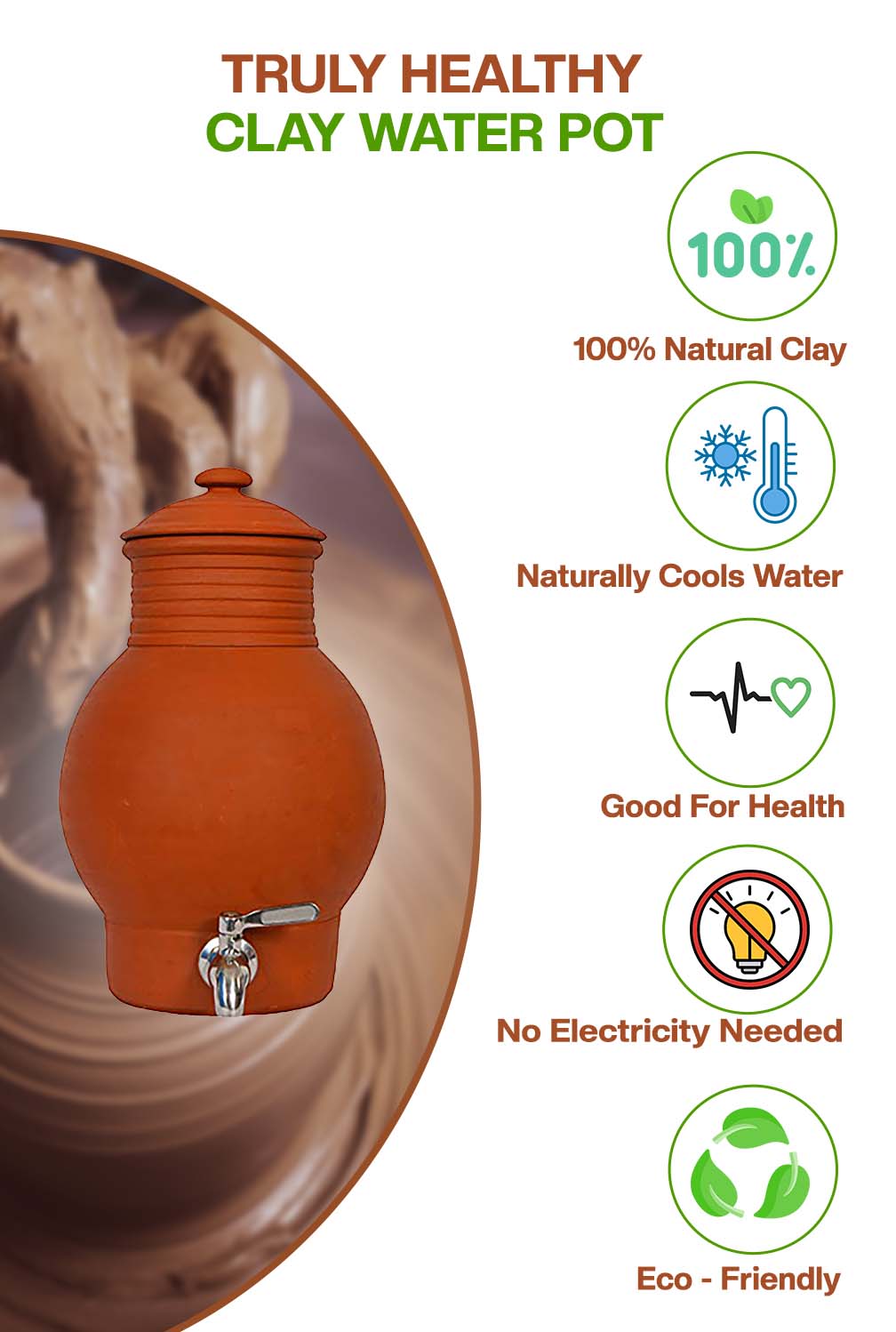 Clay water Pot made from natural clay, cools water naturally, eco-friendly, good for health, no electricity needed.