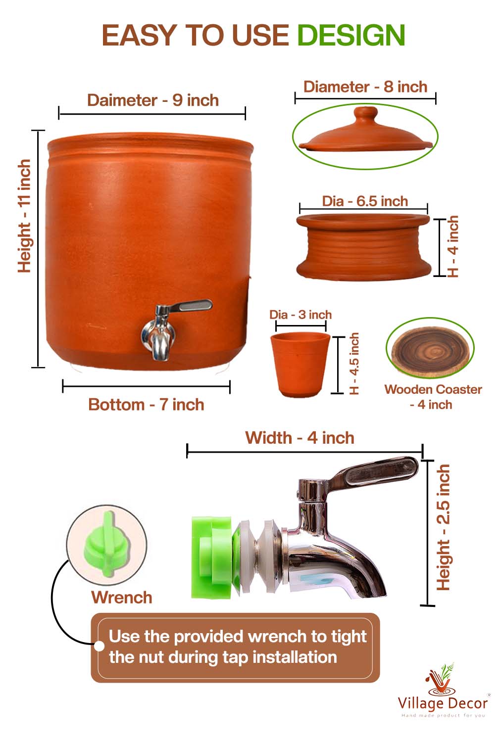 Detailed dimensions of Clay Water Pot  showing Pot, Glass, Lid, Wooden coaster and Stainless Steel Tap measurements.