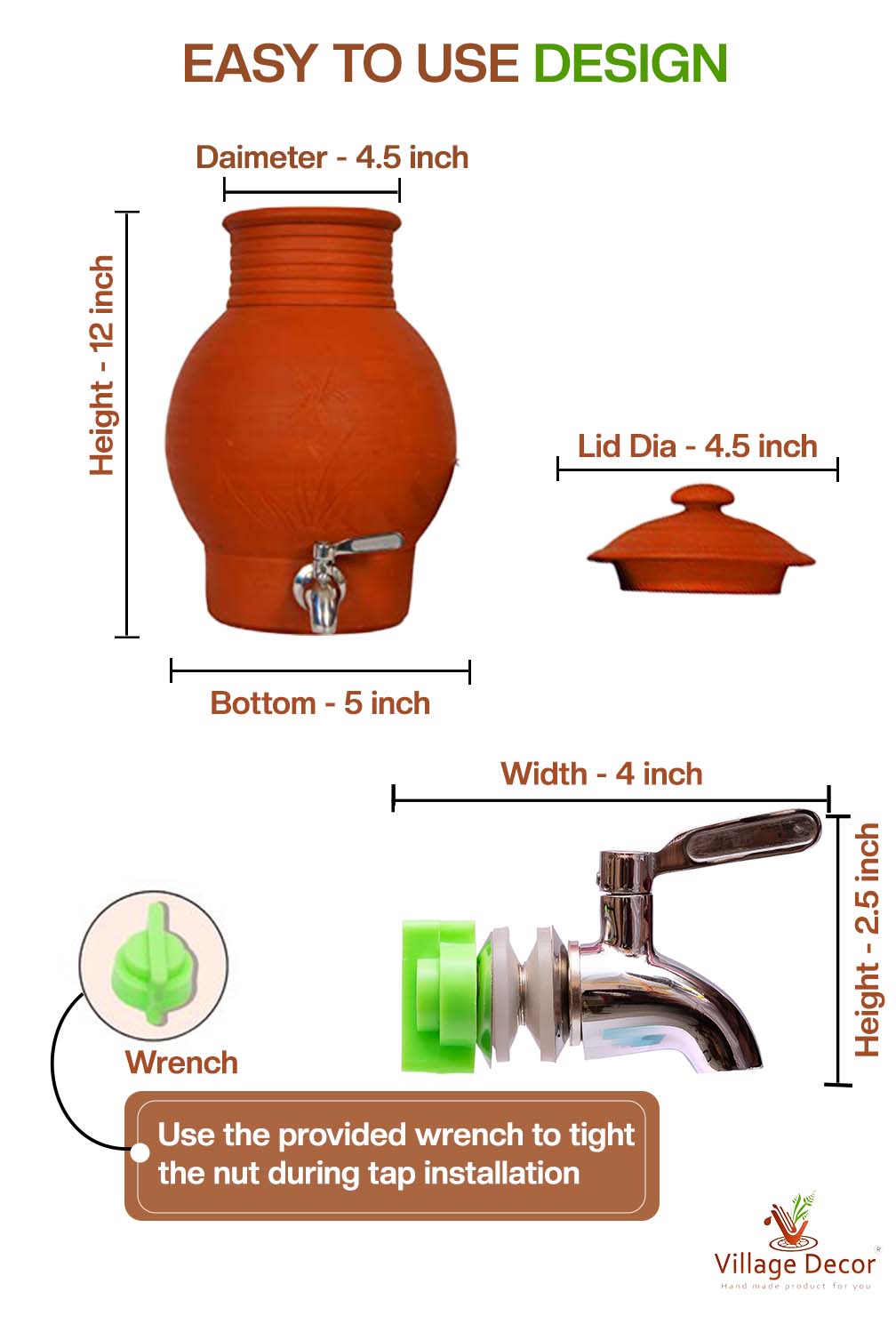 Detailed dimensions of Clay Water Pot  showing Pot, Lid and Stainless Steel Tap measurements.