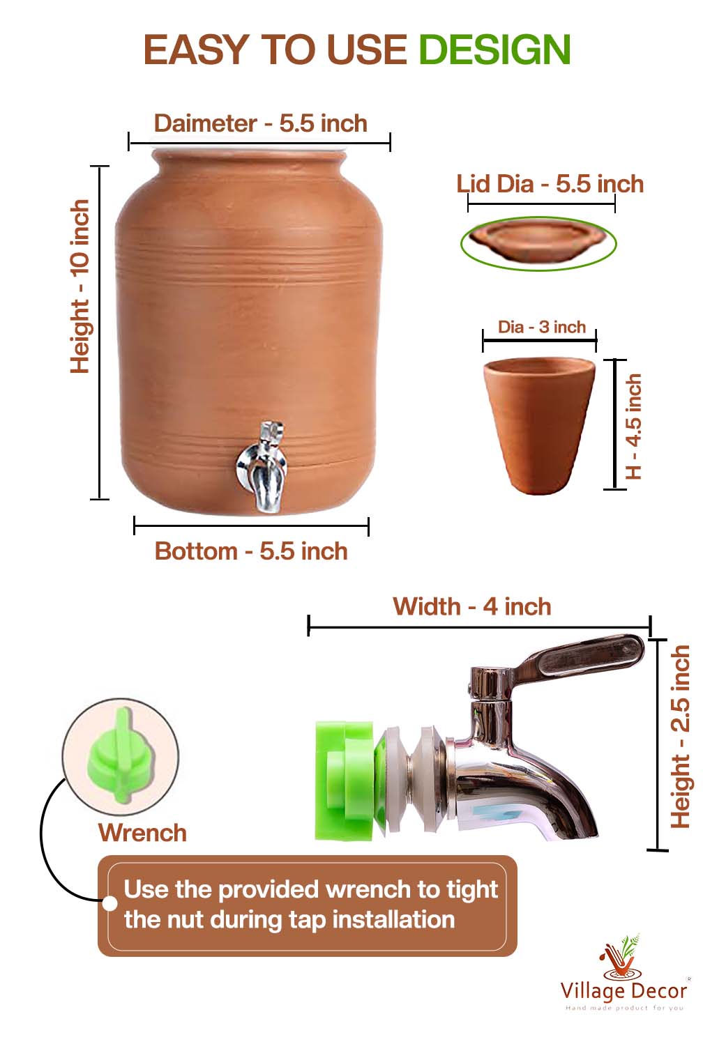 Detailed dimensions of Clay Water Pot showing Pot, Glass, Lid and Stainless Steel Tap measurements.