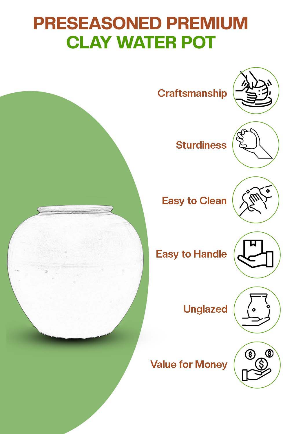 Preseasoned clay water Pot highlighting craftsmanship, sturdiness, easy cleaning, unglazed design, and value for money.