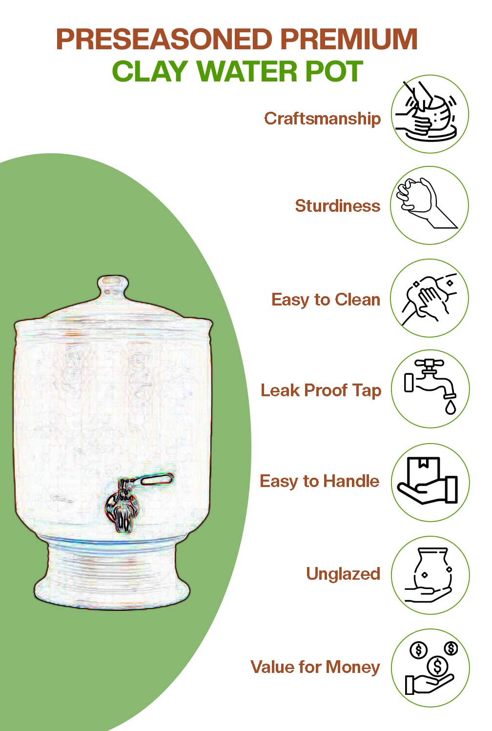 Preseasoned clay water Pot highlighting craftsmanship, sturdiness, easy cleaning, unglazed design, and value for money.