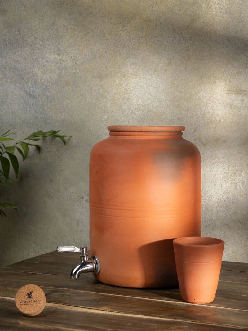Earthen Clay water Pot with Lid, Tap and Glass | Pre-seasoned Matka - 6000 ml, Handmade, 100% Natural Cooling, Chemical-Free