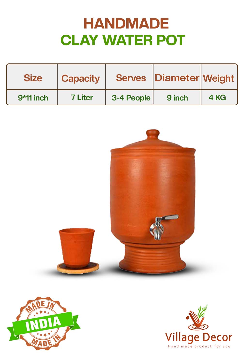 Eco-friendly 7-liter clay water Pot with lid, showing product dimensions, weight, and serving size.