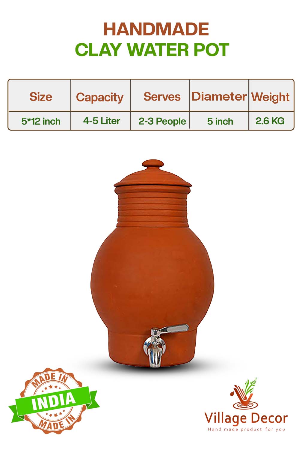 Eco-friendly 4 to 5-liter clay water Pot with lid, showing product dimensions, weight, and serving size.